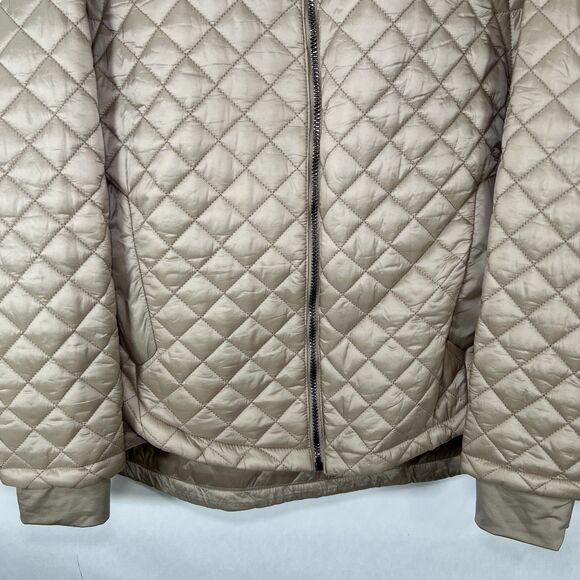 BCBG Maxazria Full Zip Quilted Puffer Jacket Womens Large Metallic Tan Hooded - Picture 3 of 16